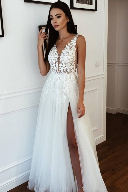 Beach Long Straps V Neck Applique Lace A Line Wedding Dresses with Side Slit - YESBABYONLINE