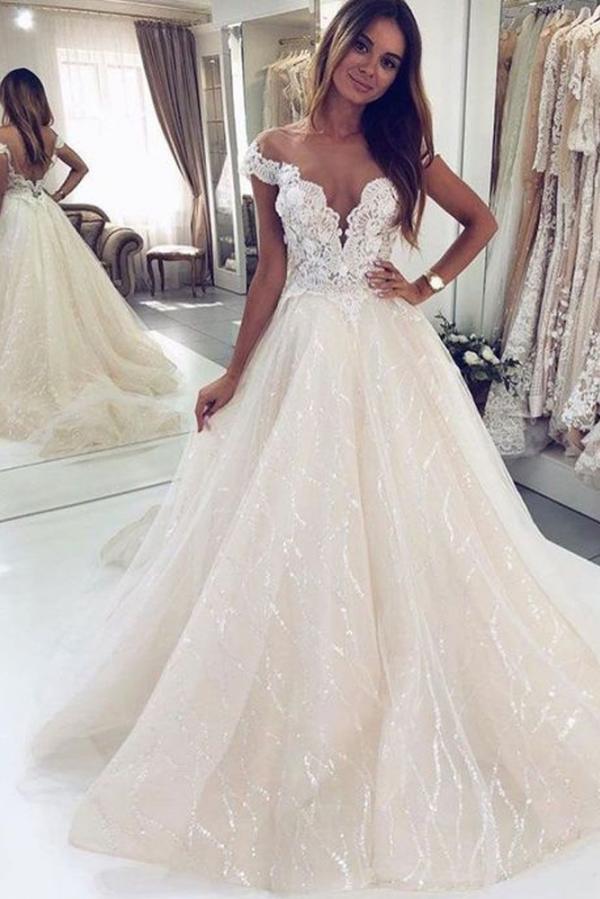 Long A-line Off The Shoulder Sleeveless Tulle Lace Wedding Dresses - YESBABYONLINE