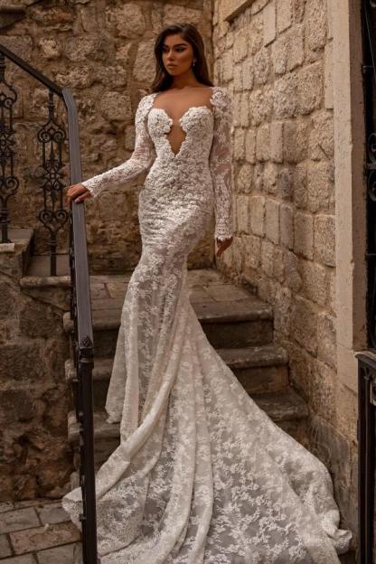 Long Sleeves Mermaid Sweetheart Floor Length Lace Open Back Wedding Dress - YESBABYONLINE