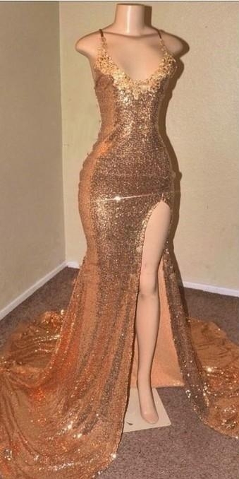 Long V-neck Sequins Sleeveless Front Slit Floor Length Mermaid Prom Dresses with Slit - YESBABYONLINE