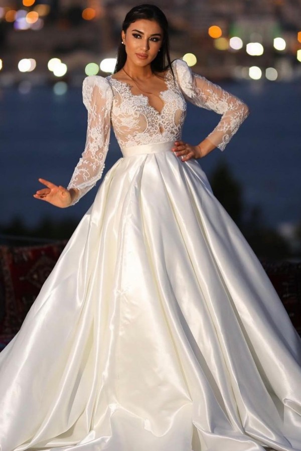 Charming Long Sleeves A Line V neck Satin Wedding Dress with Lace - YESBABYONLINE