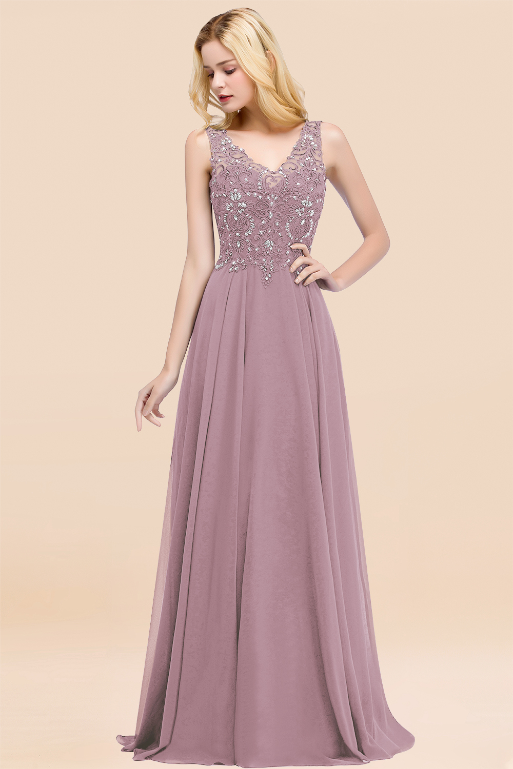 Long A-line Straps V Neck Applique Lace Floor Length Chiffon Bridesmaid Dresses - YESBABYONLINE