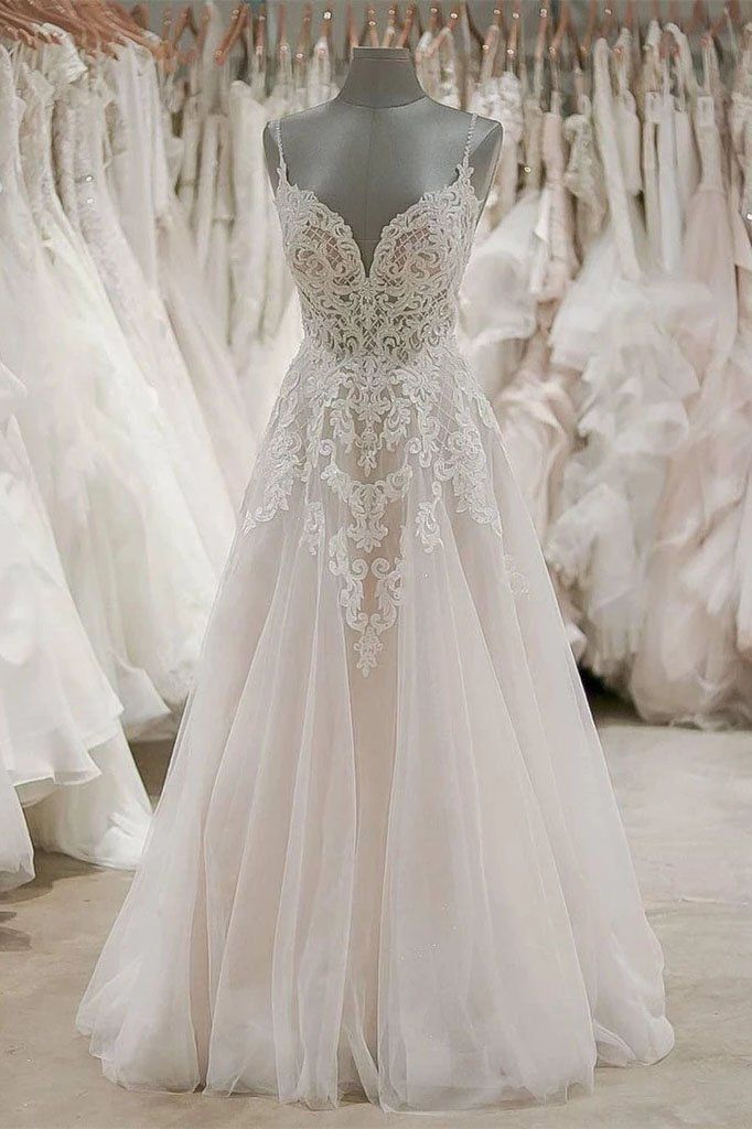 Long A Line V Neck Spaghetti Strap Lace Tulle Open Back Wedding Dresses - YESBABYONLINE