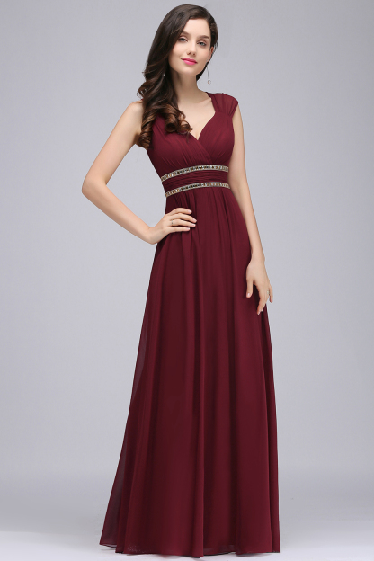 Long A Line V Neck Ruffles Floor Length Chiffon Backless Bridesmaid Dresses - YESBABYONLINE