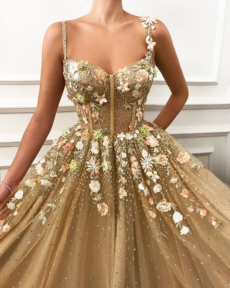 Glamorous Long A-line Spaghetti Straps Flower Sweep Train Prom Dress - YESBABYONLINE
