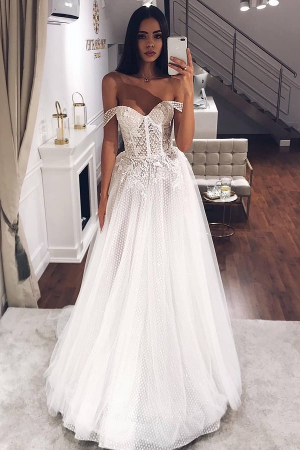 Sexy Long Off The Shoulder Applique Lace Tulle Floor Length A Line Wedding Dresses - YESBABYONLINE