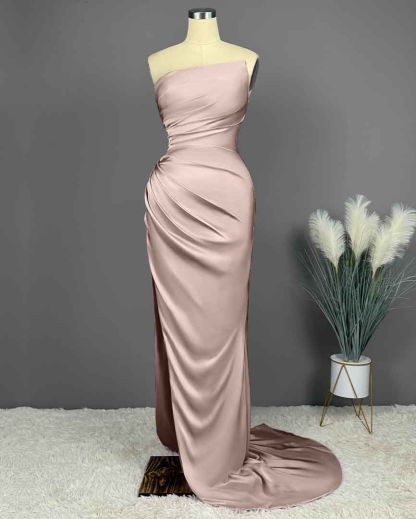 Elegant Long Strapless Sleeveless Mermaid Satin Prom Dresses with Slit - YESBABYONLINE