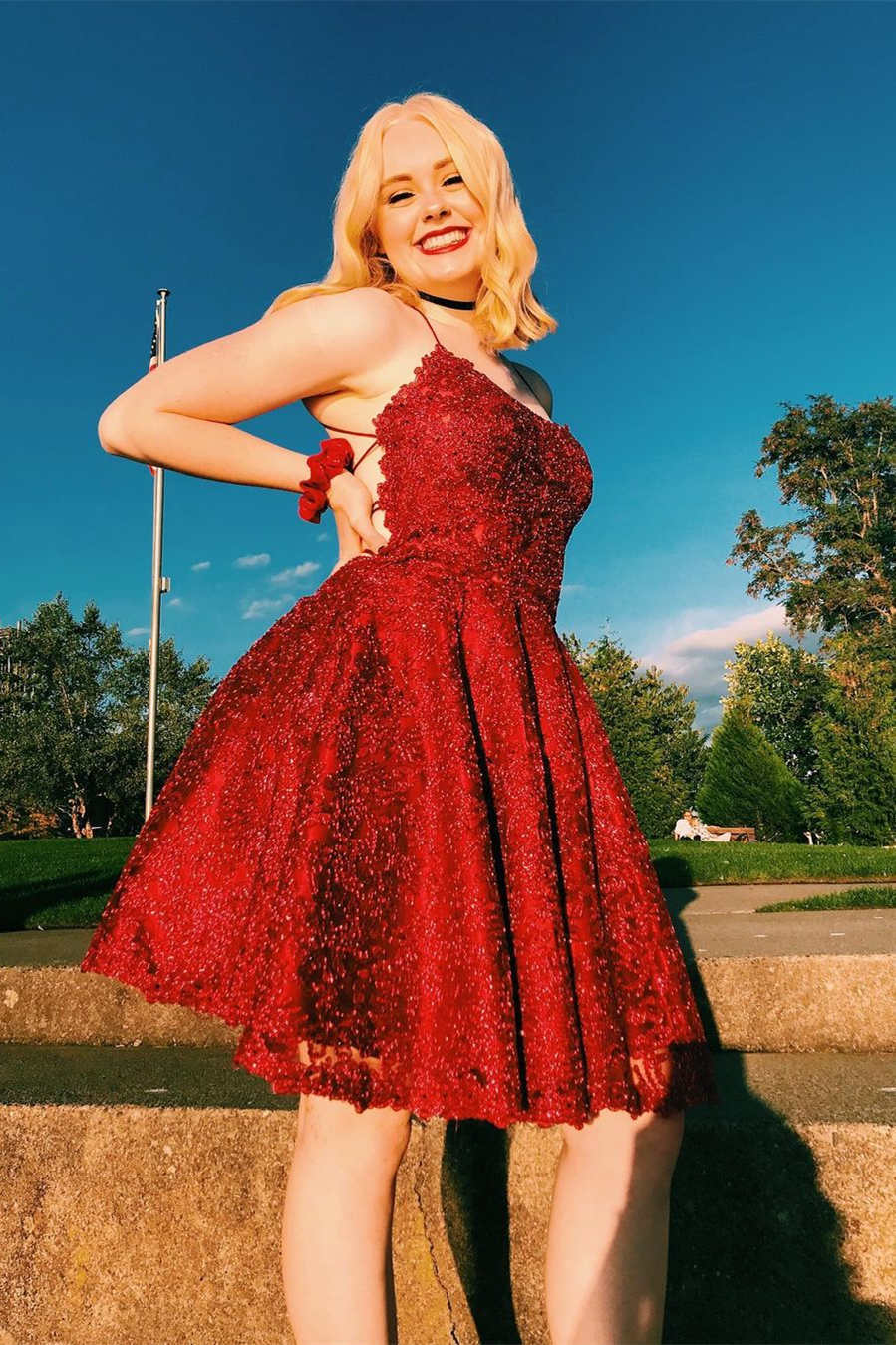 Lace-Up Back Short Gold Lace Homecoming Dress