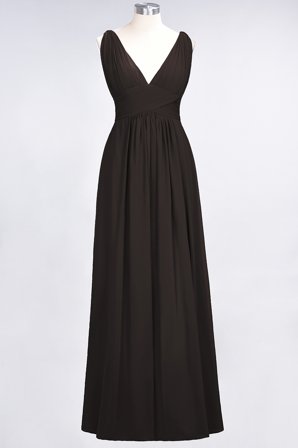 Long A Line V Neck Sleeveless Floor Length Bridesmaid Dress with Ruffle - YESBABYONLINE