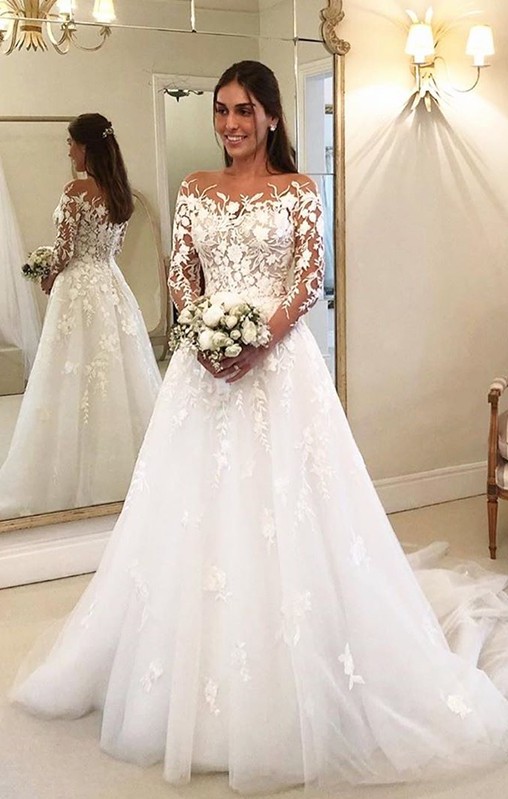 Long A-line Tulle Lace Appliques Wedding Dress With Sleeves - YESBABYONLINE