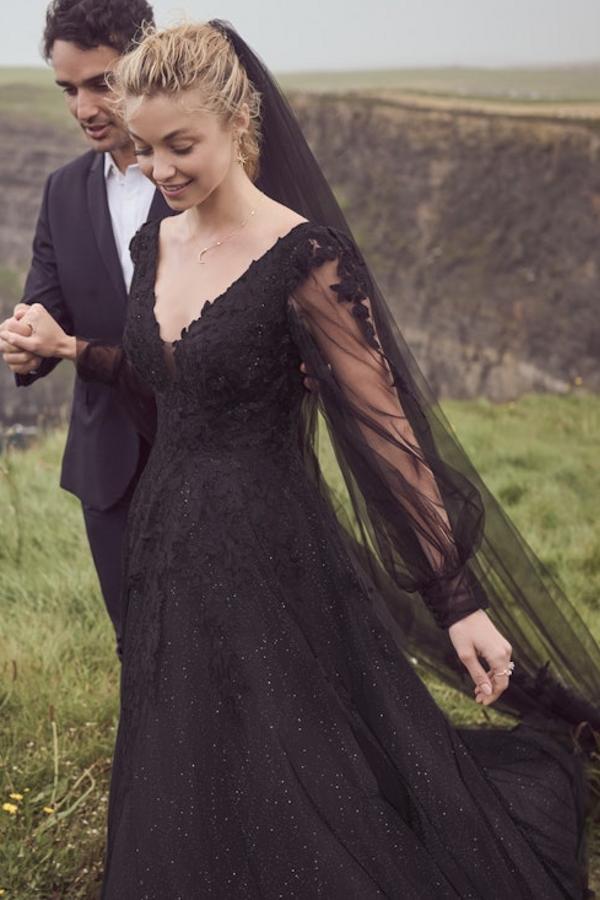 Black Long Sleeves V-Neck A-Line Lace Tulle Wedding Dress with Appliques - YESBABYONLINE