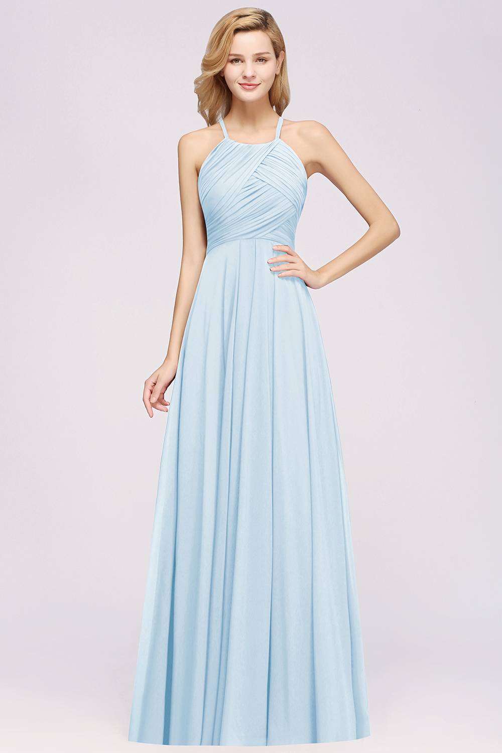 Long A-Line Halter Ruffles Floor-Length Chiffon Bridesmaid Dress - YESBABYONLINE