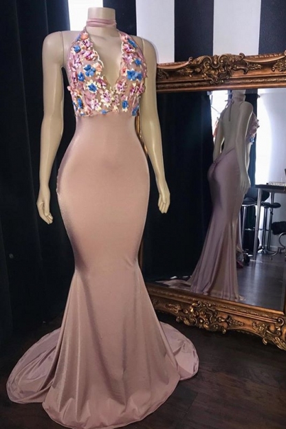 Long Mermaid Halter Appliques Lace Sleeveless Backless Prom Dresses - YESBABYONLINE