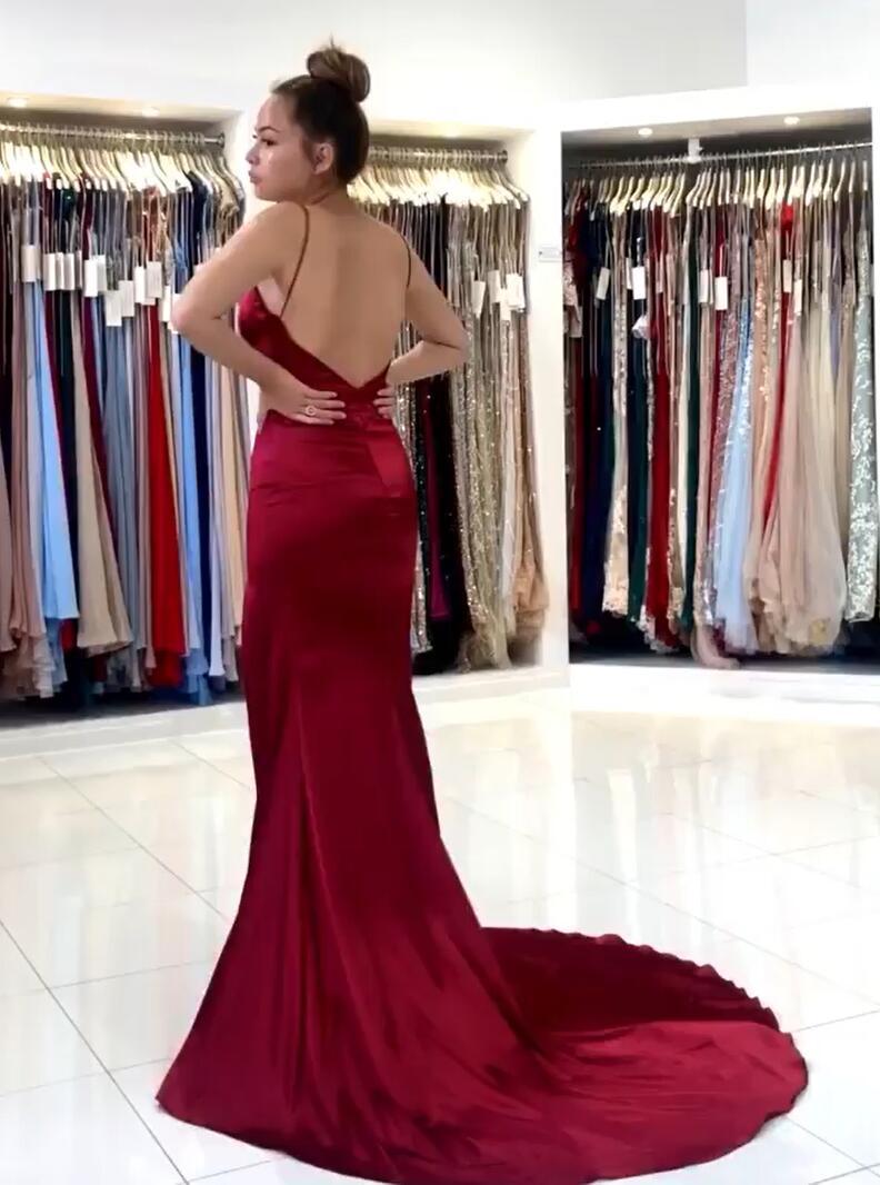 Simple Long Mermaid V-neck Floor-length Open Back Prom Dress with Slit - YESBABYONLINE