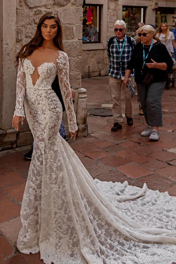Long Sleeves Mermaid Sweetheart Floor Length Lace Open Back Wedding Dress - YESBABYONLINE