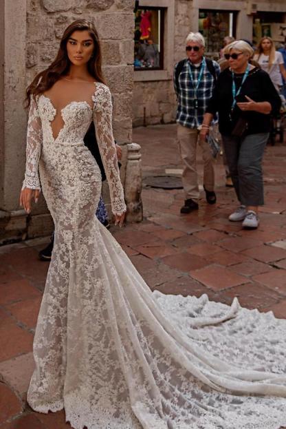 Long Sleeves Mermaid Sweetheart Floor Length Lace Open Back Wedding Dress - YESBABYONLINE