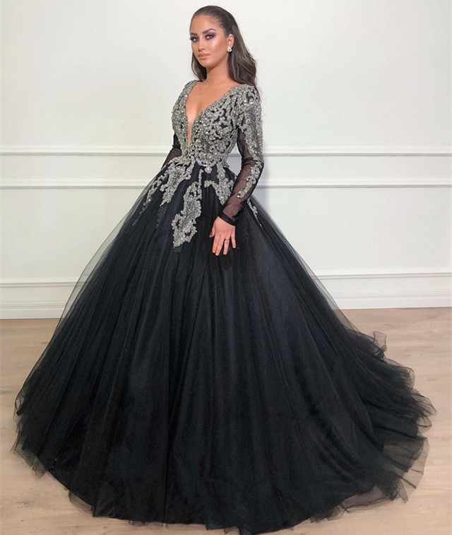 Long Sleeves V-Neck Appliques Lace Black Ball Gown Long Prom Dress - YESBABYONLINE
