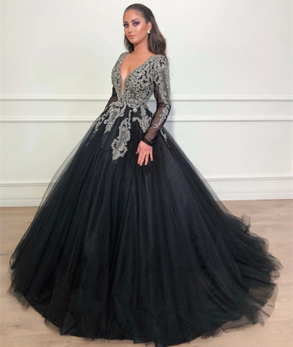Long Sleeves V-Neck Appliques Lace Black Ball Gown Long Prom Dress - YESBABYONLINE