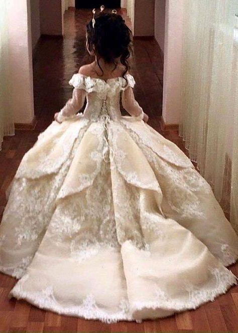 Luxury Long Ball Gown Off The Shoulder Flower Girl Dresses with Sleeves - YESBABYONLINE