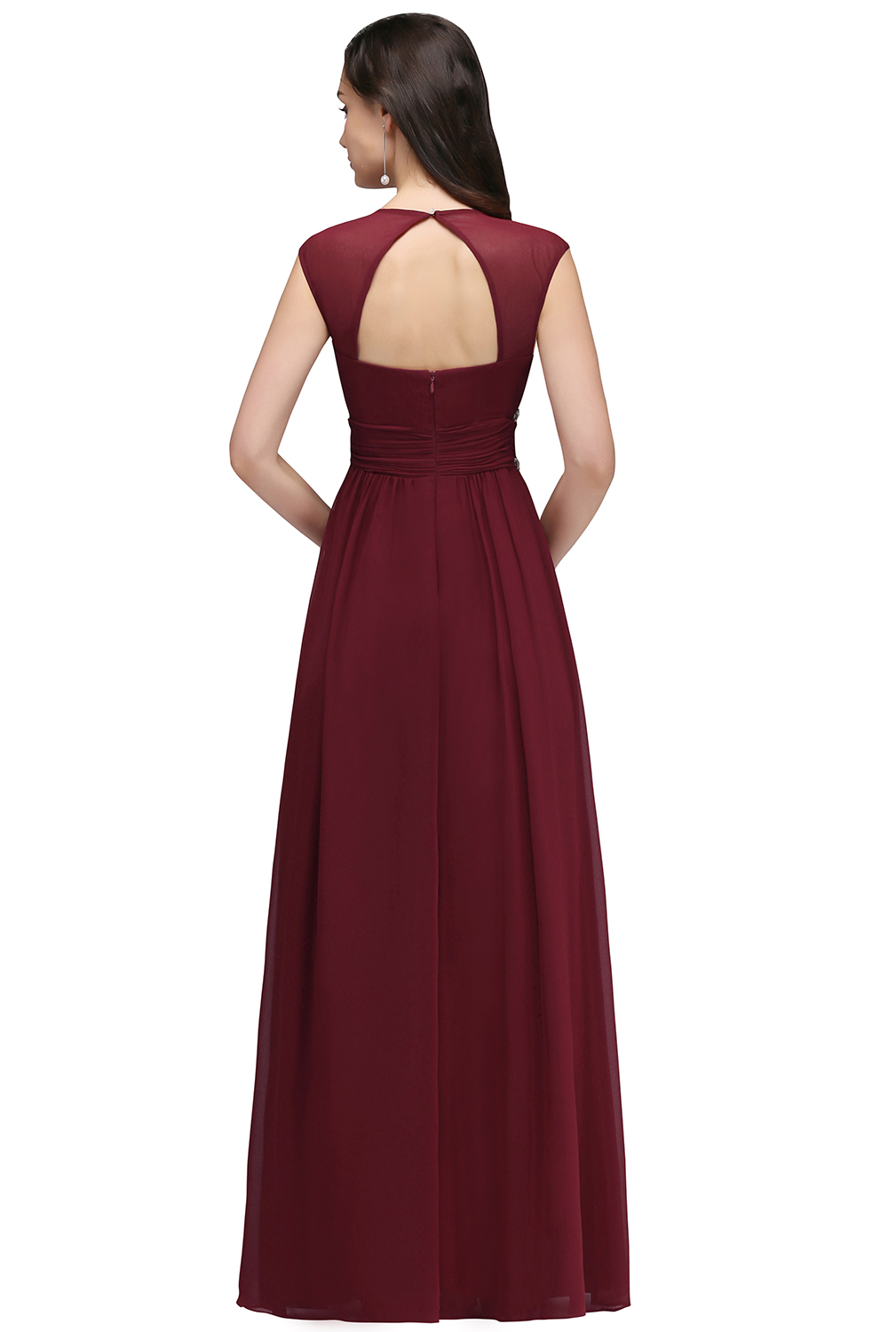 Long A Line V Neck Ruffles Floor Length Chiffon Backless Bridesmaid Dresses - YESBABYONLINE