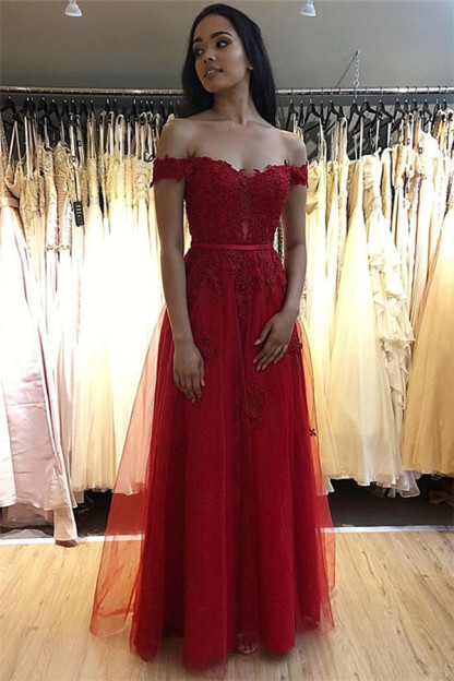 Elegant Long A-line Off The Shoulder Tulle Prom Dresses with Lace Appliques - YESBABYONLINE