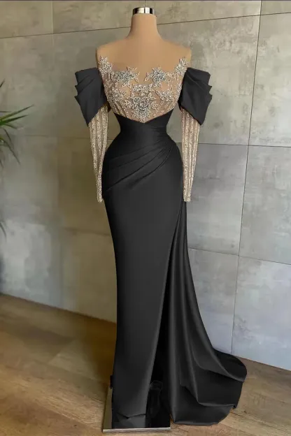 Pink Off-The-Shoulder Long Sleeves Mermaid Formal Dress with Lace Applique
