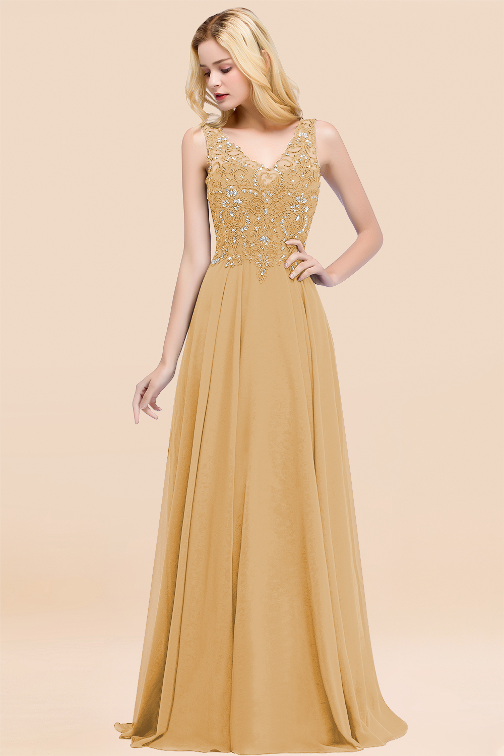 Long A-line Straps V Neck Applique Lace Floor Length Chiffon Bridesmaid Dresses - YESBABYONLINE