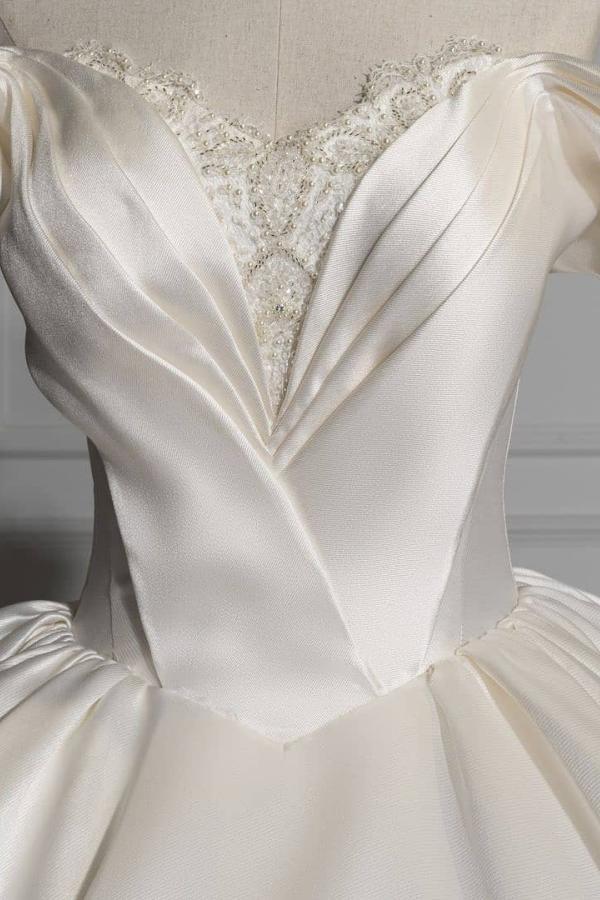 Charming Long Off the Shoulder Sweetheart Satin Ball Gown Wedding Dress with Ruffles - YESBABYONLINE