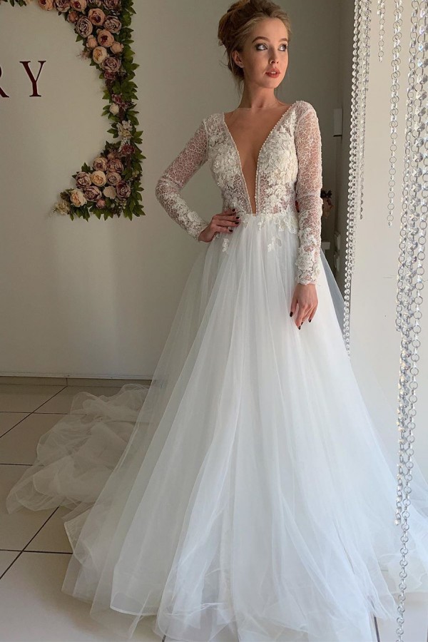 Elegant Long Sleeves V Neck Tulle Applique Lace Tulle A Line Open Back Wedding Dresses - YESBABYONLINE