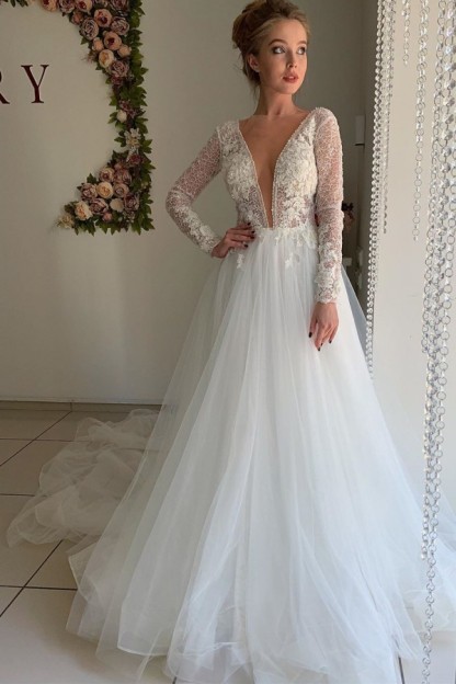 Elegant Long Sleeves V Neck Tulle Applique Lace Tulle A Line Open Back Wedding Dresses - YESBABYONLINE