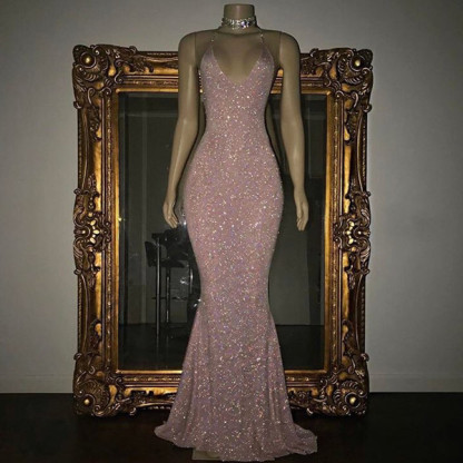 Stunning Long Sequins Mermaid Spaghetti Straps V-neck Floor-length Prom Dress - YESBABYONLINE