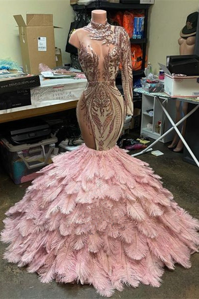 High Neck One Shoulder Long Sleeves Appliques Feather Mermaid Prom Dress - YESBABYONLINE