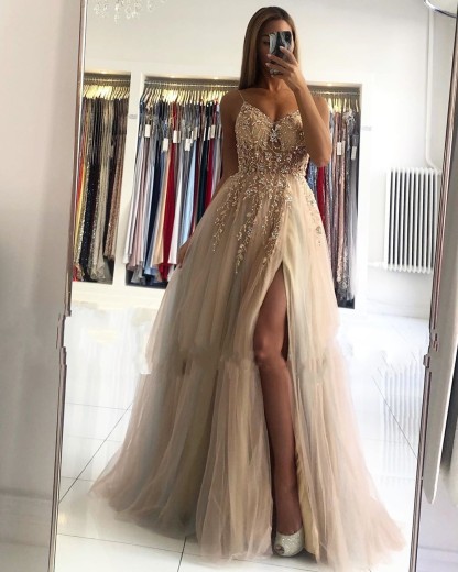 Long Spaghetti Strap Sweetheart Backless Tulle A Line Prom Dresses with Front Slit - YESBABYONLINE