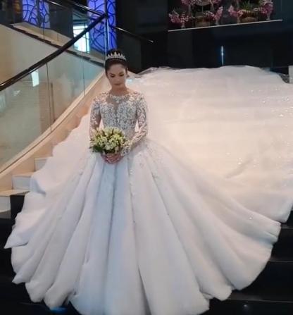 Long Ball Gown Round Neck Lace Appliques Tulle Wedding Dresses with Sleeves - YESBABYONLINE