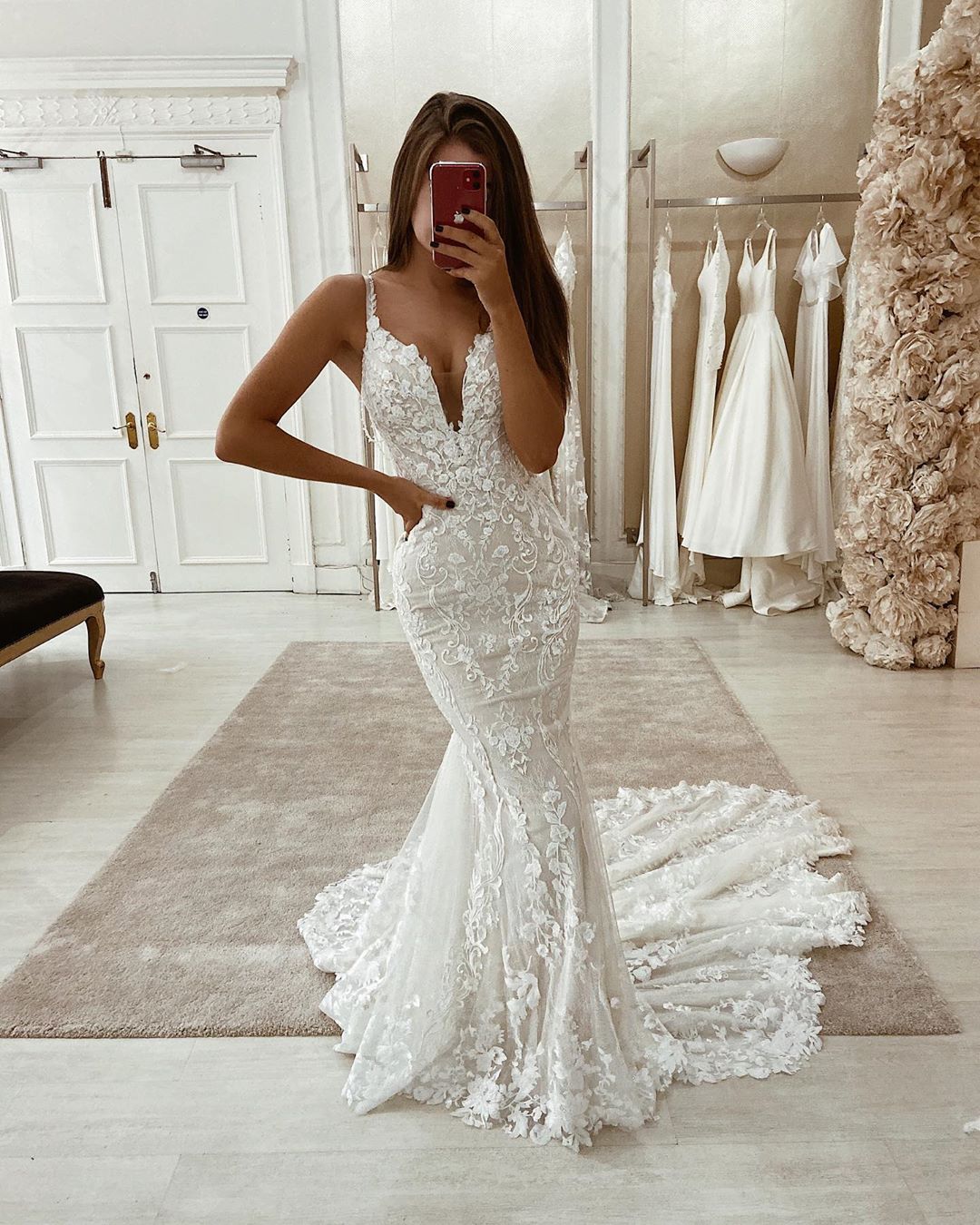 Long Mermaid V-neck Spaghetti Straps Tulle Lace Wedding Dresses with Detachable Train - YESBABYONLINE