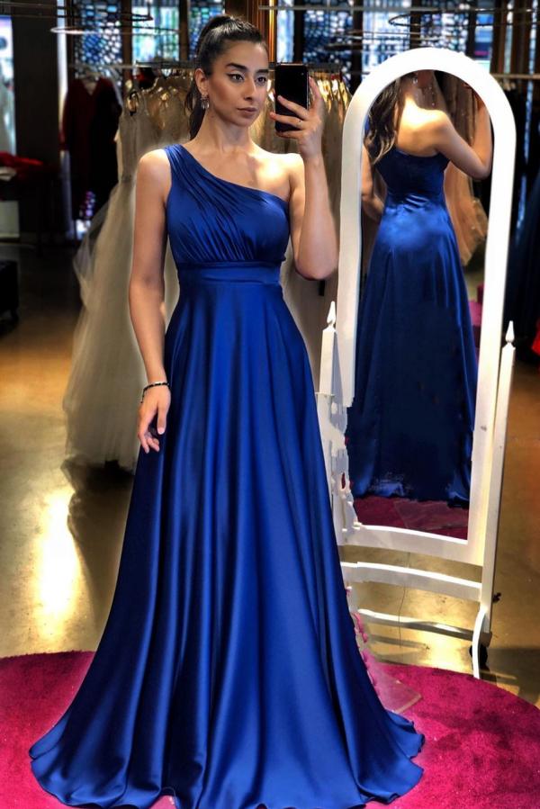 Elegant Royal Blue Long One Shoulder A-line Floor-length Ruffles Satin Evening Dress - YESBABYONLINE