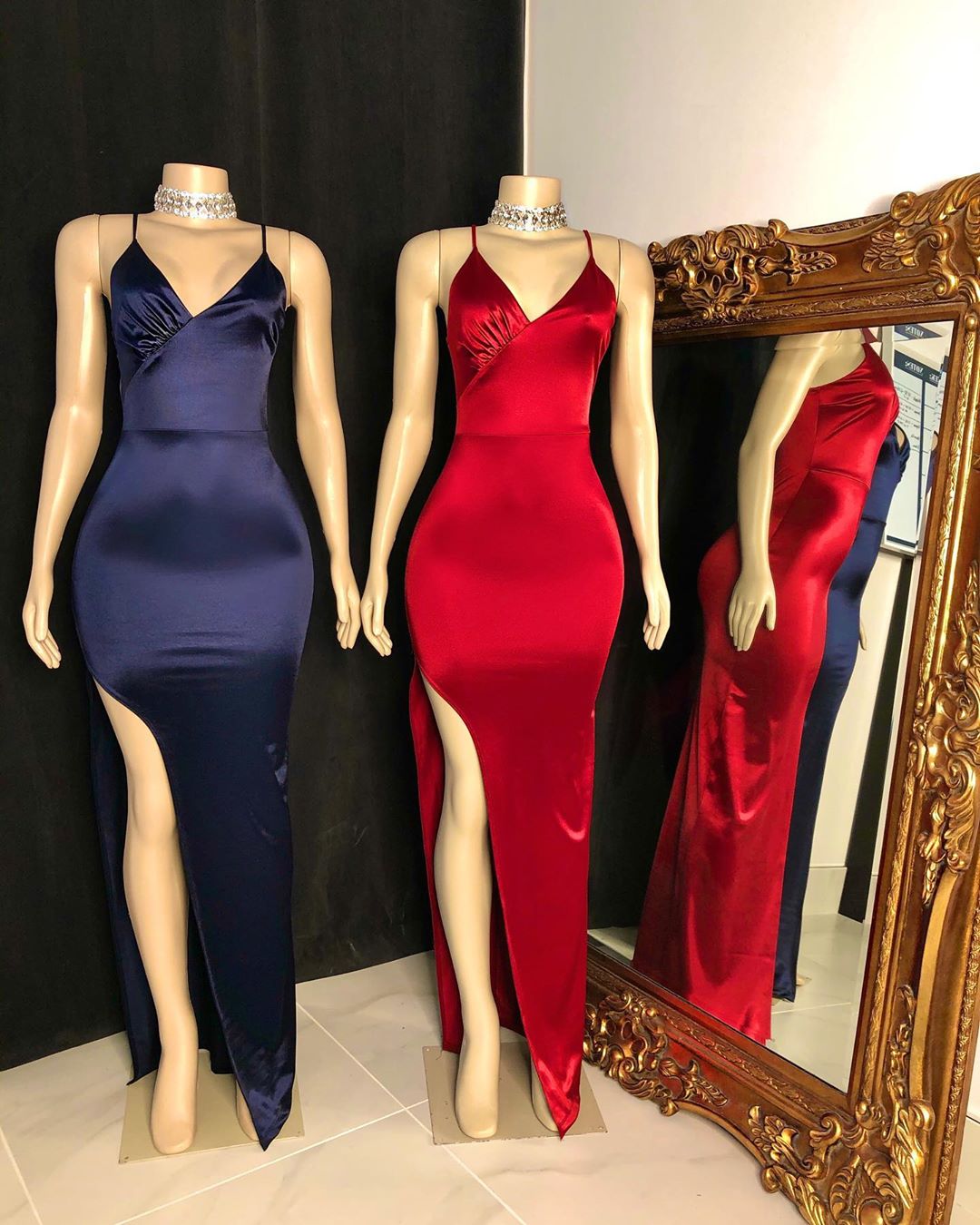 Long Mermaid Spaghetti Straps V-neck Floor Length High Slit Prom Dresses - YESBABYONLINE