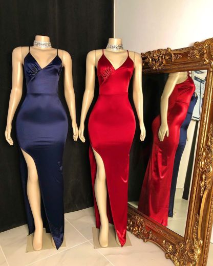 Long Mermaid Spaghetti Straps V-neck Floor Length High Slit Prom Dresses - YESBABYONLINE