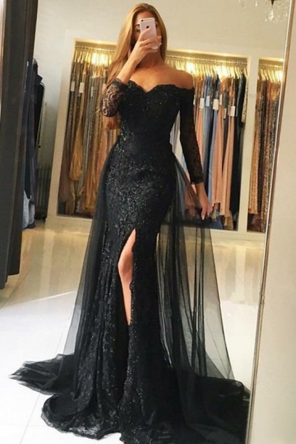 Black Long Sleeves Mermaid Off the Shoulder Tulle Lace Prom Dresses with Slit - YESBABYONLINE