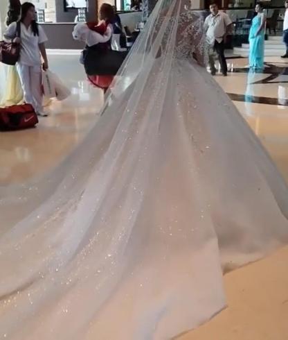 Long Ball Gown Round Neck Lace Appliques Tulle Wedding Dresses with Sleeves - YESBABYONLINE