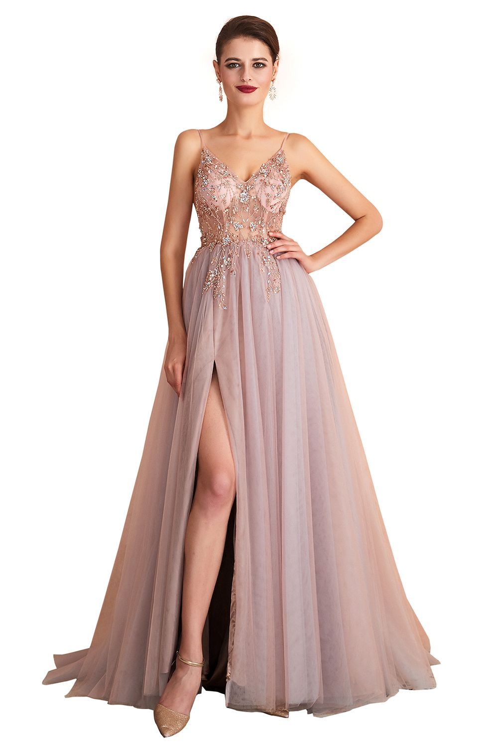 Long A-line Spaghetti Straps V-neck Tulle Backless Prom Dresses with Side Slit - YESBABYONLINE