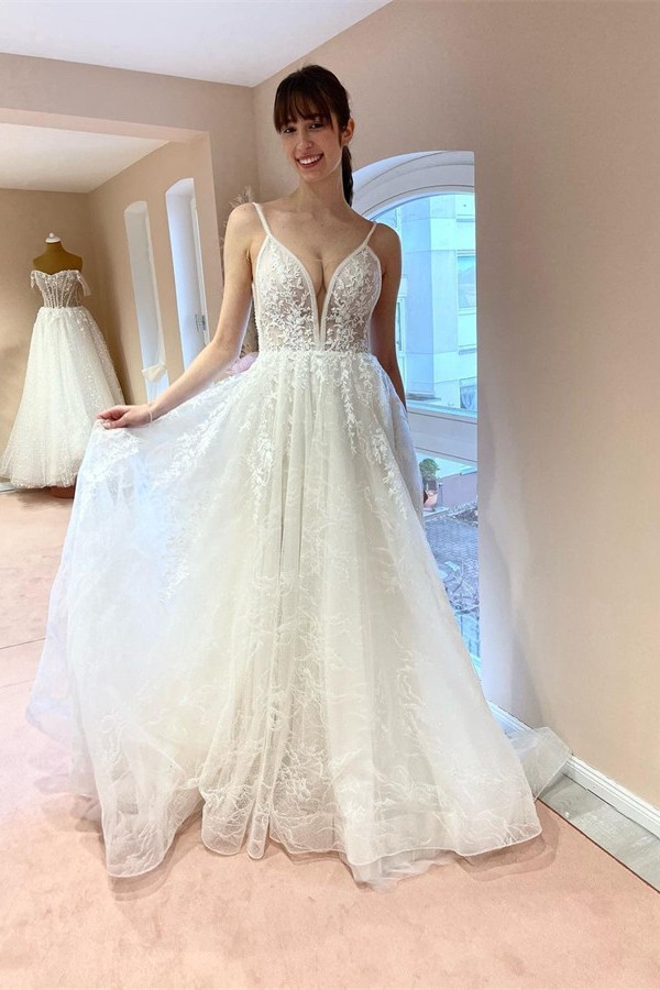 Charming Long A Line Floor Length Spaghetti Straps Tulle Lace Backless Wedding Dress - YESBABYONLINE