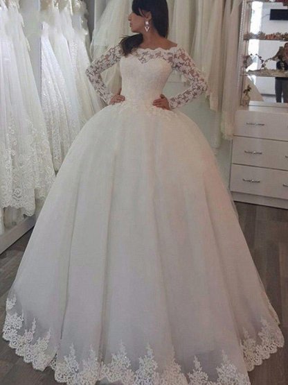 Long Ball Gown Off the Shoulder Tull Applique Lace Wedding Dresses with Sleeves - YESBABYONLINE