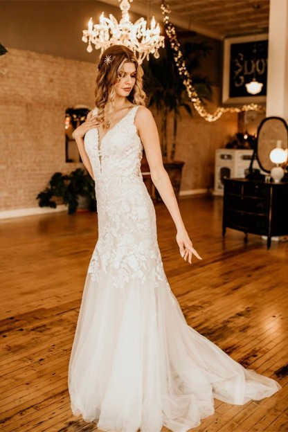 Elegant Long Sleeveless Straps V-neck A-Line Tulle Wedding Dress with Ruffles - YESBABYONLINE