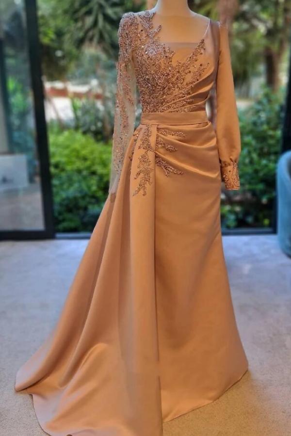 Beautiful A-line Bateau Long Sleeve Appliques Floor-length Ruffles Prom Dresses - YESBABYONLINE