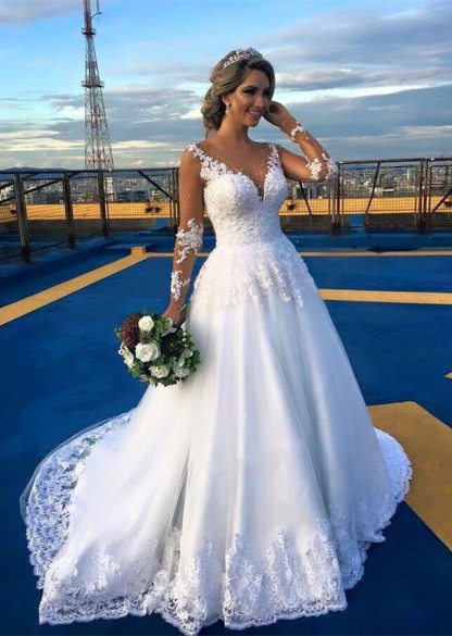 Gorgeous Long Sleeves Sweetheart Ball Gown Tulle Lace Backless Wedding Dresses - YESBABYONLINE