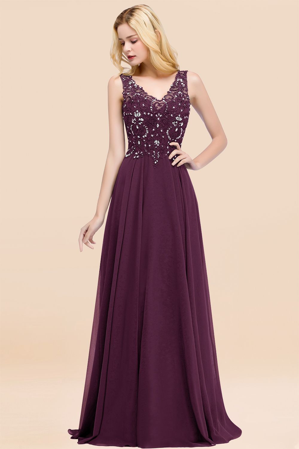 Long A-line Straps V Neck Applique Lace Floor Length Chiffon Bridesmaid Dresses - YESBABYONLINE