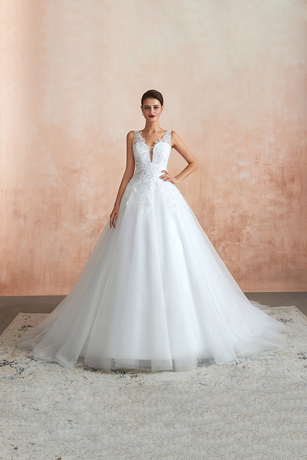 Long A-line V-neck Floor Length Lace Tulle Wedding Dresses - YESBABYONLINE