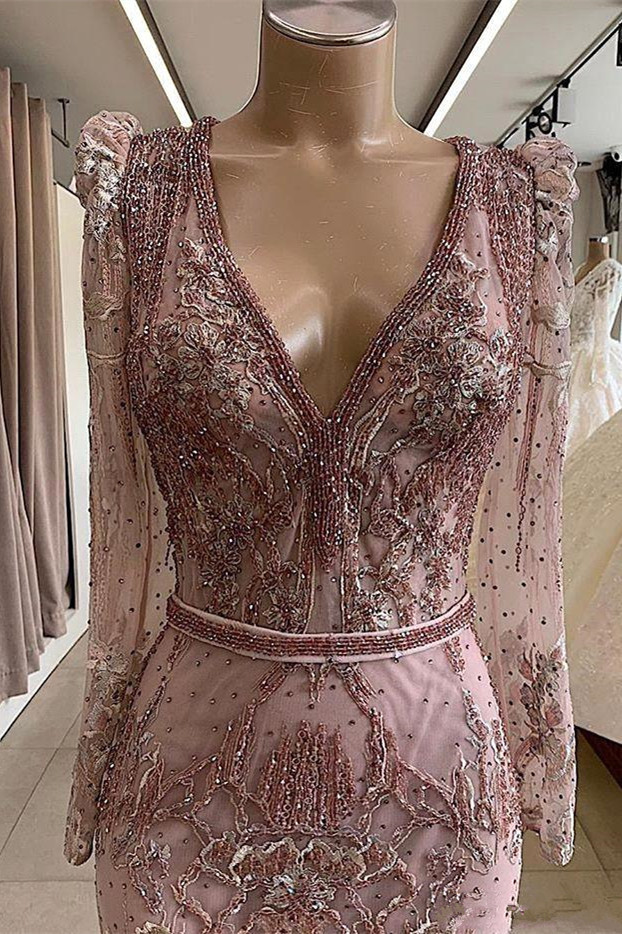 Gorgeous Long Mermaid V-neck Tulle Lace Prom Dresses with Sleeves - YESBABYONLINE