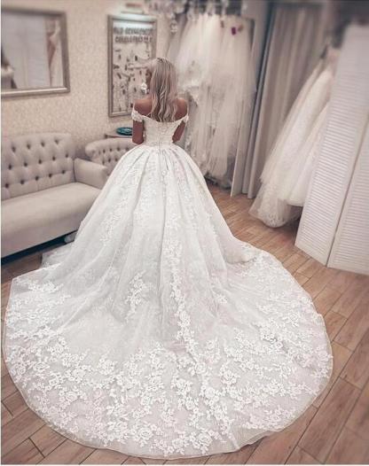 Long Off the Shoulder Tulle Lace Ball Gown Wedding Dresses - YESBABYONLINE